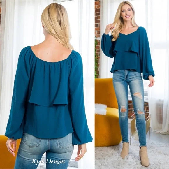 ❤️LAST 1! TEAL SWEATHEART NECKLINE TIERED RUFFLE PUFF SLEEVE TOP! - Picture 4 of 8